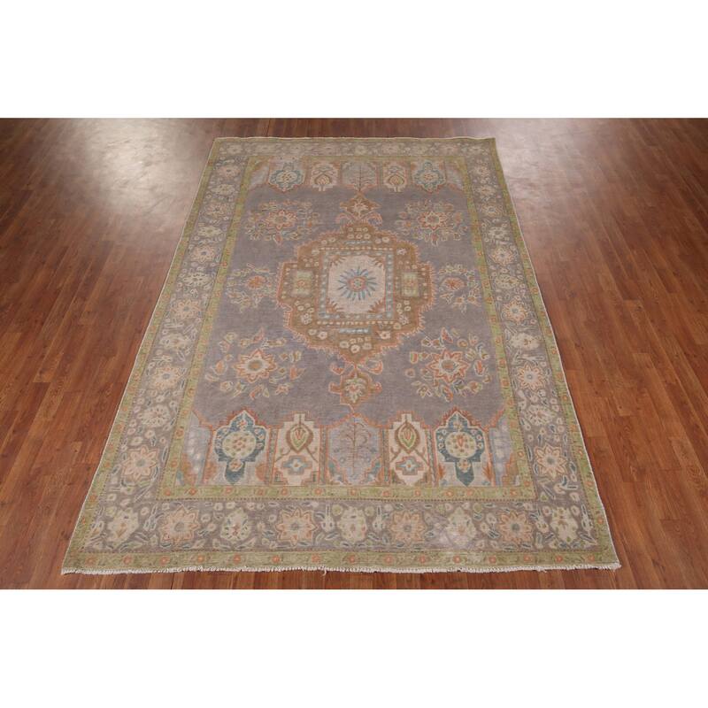 Gray Distressed Tabriz Vintage Persian Rug Hand-Knotted Wool Carpet - 6'7" x 9'8"