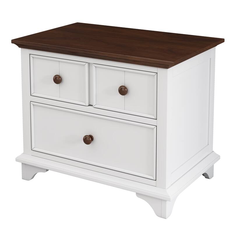 Roomfitters Wooden Captain Two-Drawer Nightstand, Kids' Night Stand and End Side Table for Bedroom, White and Walnut