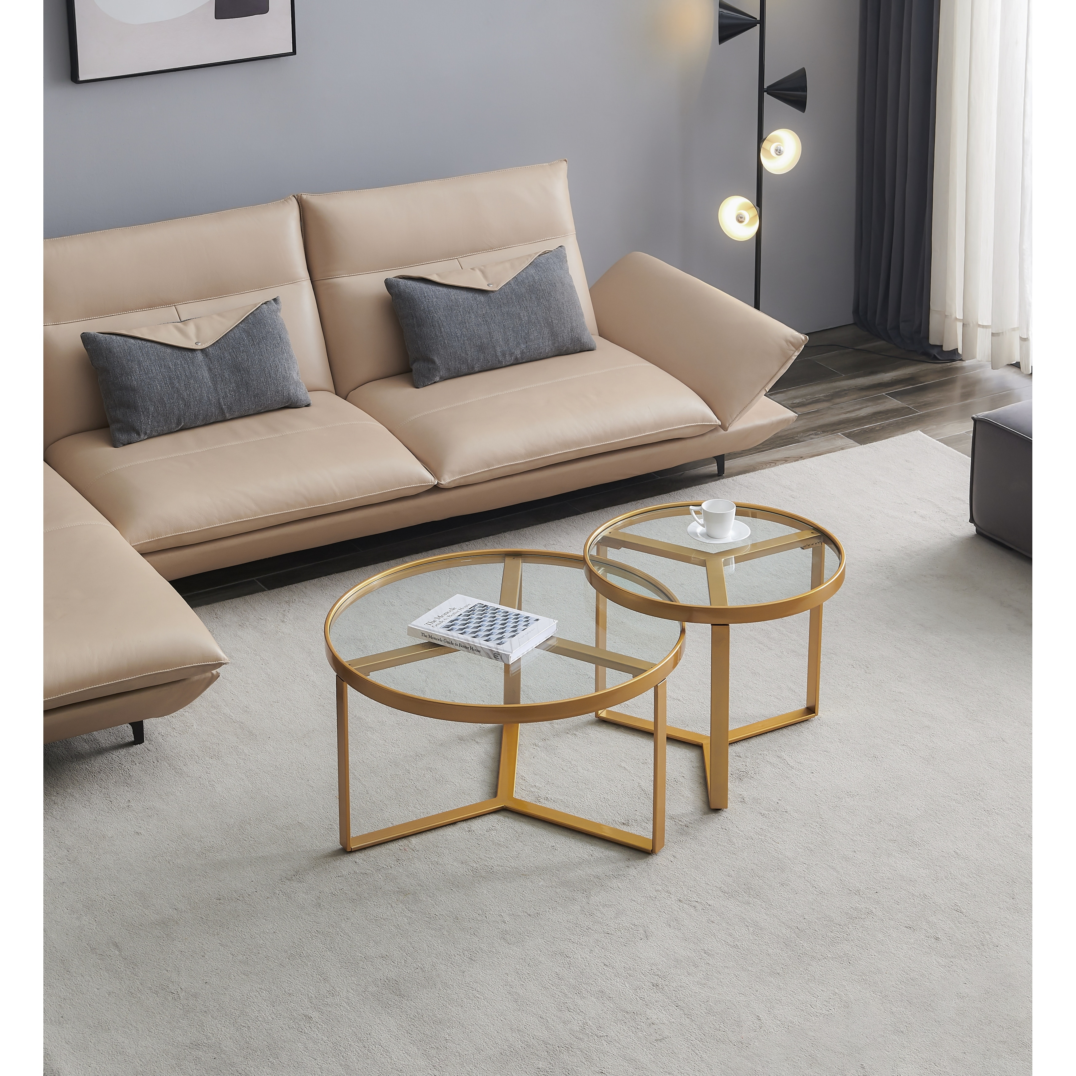 Modern Nesting Coffee Table,Golden Metal Frame With Round Tempered Glass Tabletop,coffee, Console, Sofa & End Tables