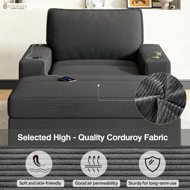 42.8" Oversized Chaise Lounge Chair with Storage Ottoman, Corduroy Sofa Bed with Cup Holders & USB Charging Port