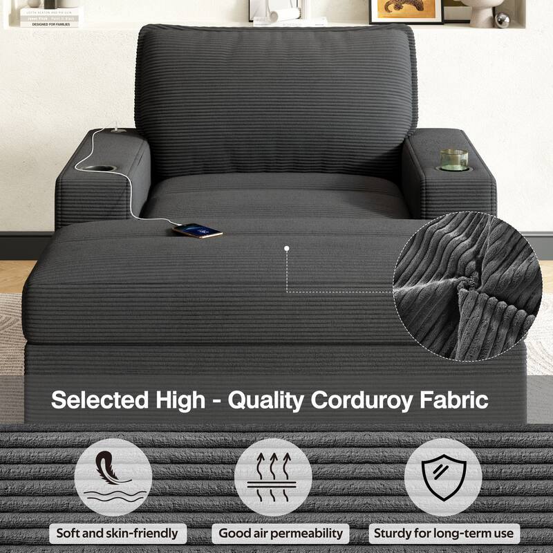 Roomfitters Oversized Chaise Lounge Chair with Storage Ottoman and Built-in USB Charging Port, Corduroy Sleeper Couch