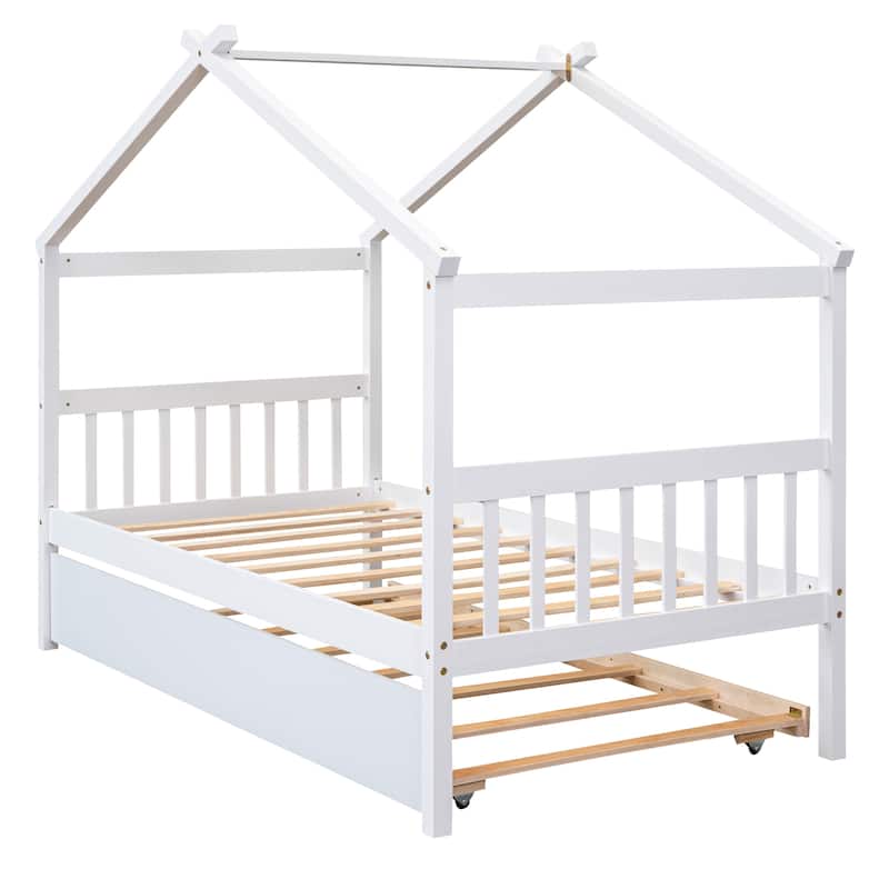 Twin/Full House Bed with Pull-Out Trundle, Solid Pine Wood Frame for Sleepovers