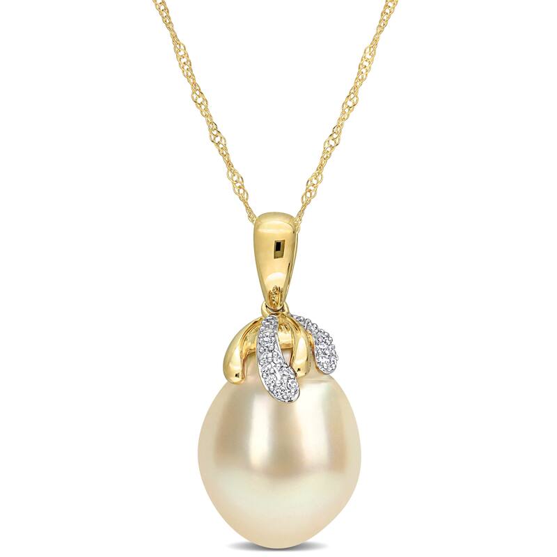 Miadora Golden South Sea Cultured Pearl and Diamond Accent Drop Pendant in 14k Yellow Gold (9-10mm)