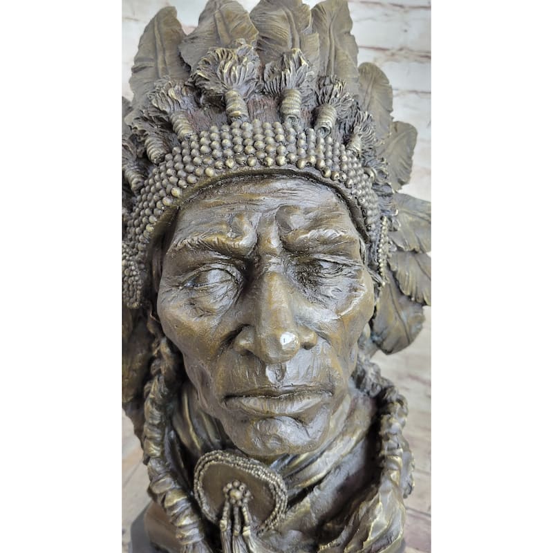 Carl Kauba Large American Warrior Bust Bronze Sculpture Marble Base Statue Decor