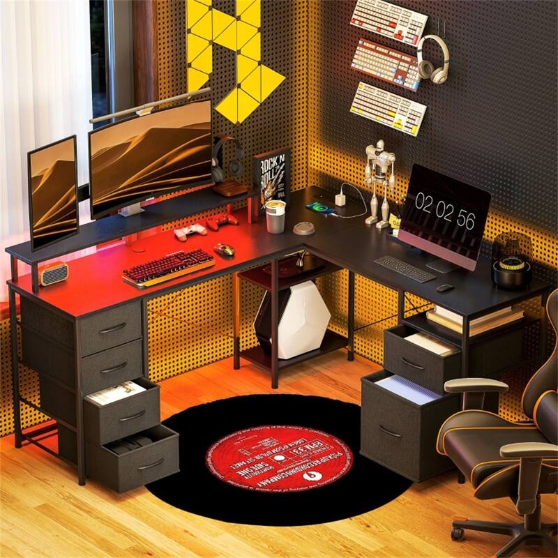 L Shaped Gaming Desk with RGB LED Light USB Charging Ports Storage Drawers and Ergonomic Monitor Stand Sturdy Office