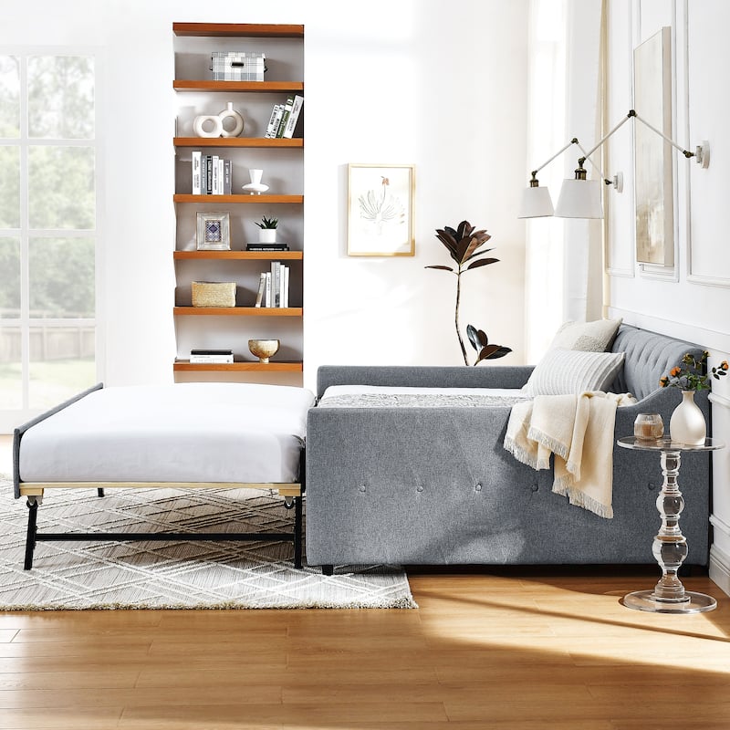 Upholstery Daybed with Twin Size Erectable Trundle and USB Charging Design