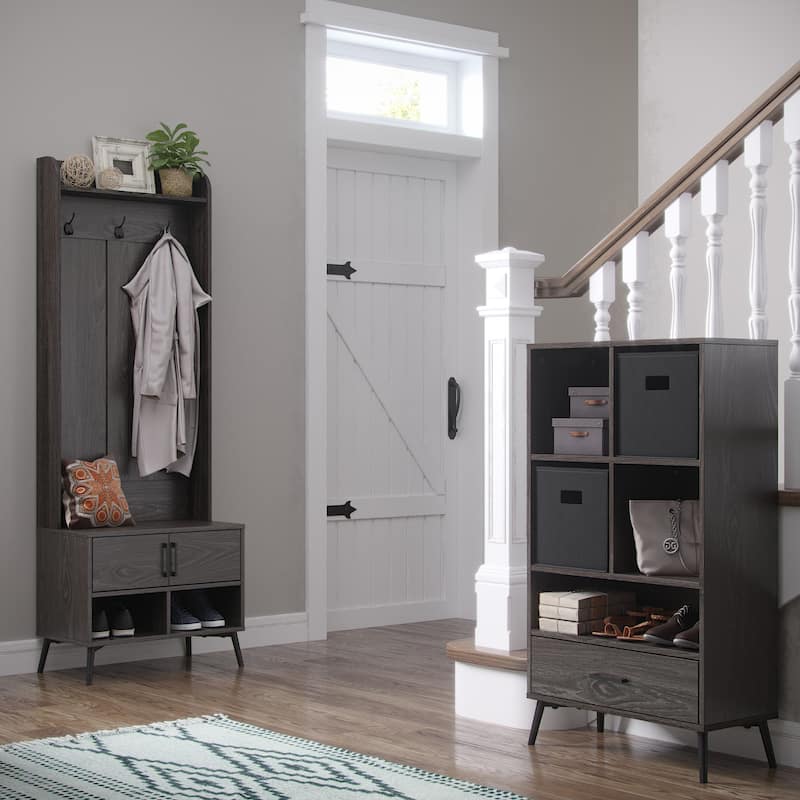 RiverRidge Woodbury Hall Tree with Entryway Bench, Shoe Storage, Coat Hooks & Cubby Storage - Weathered Woodgrain