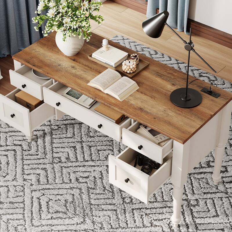 56'' Farmhouse Executive Desk with Drawers White/Oak - 5 Drawers and 2 Doors