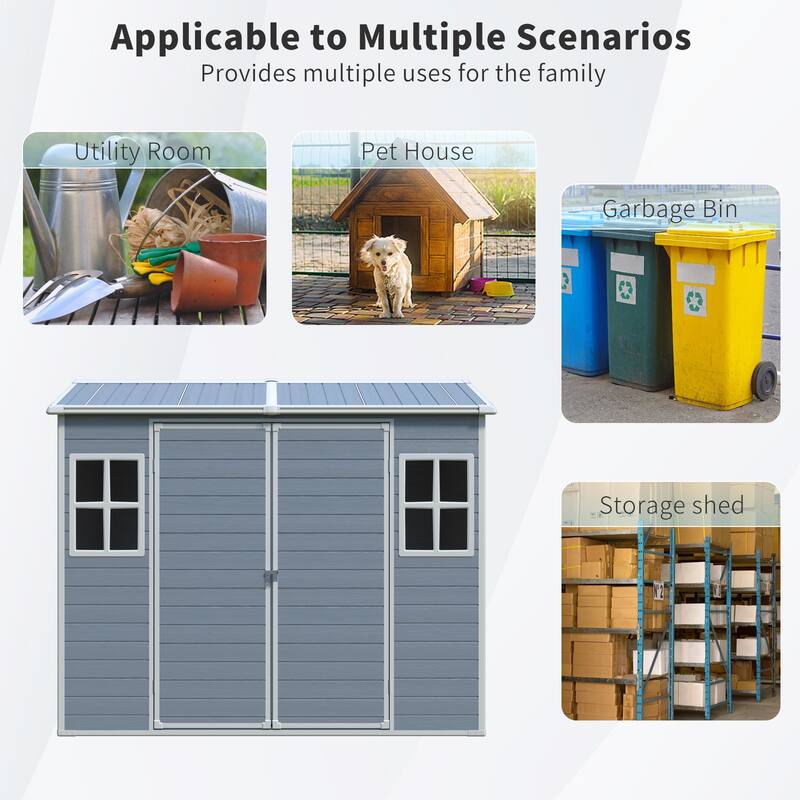 8ft x 4ft Outdoor Storage Shed – Plastic Shed with Two Windows, Double Doors & Floor for Garden, Patio, Yard & Lawn