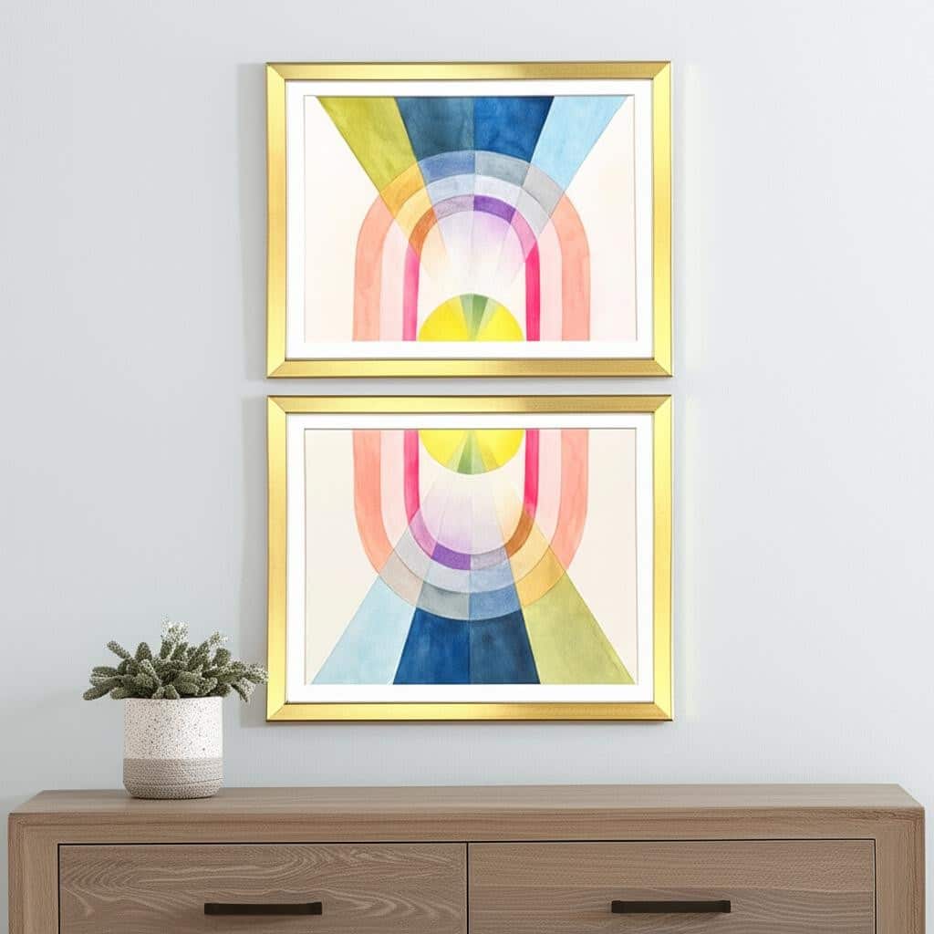 HomeRoots Set Of Two Geometric Watercolor Gold Framed Wall Art