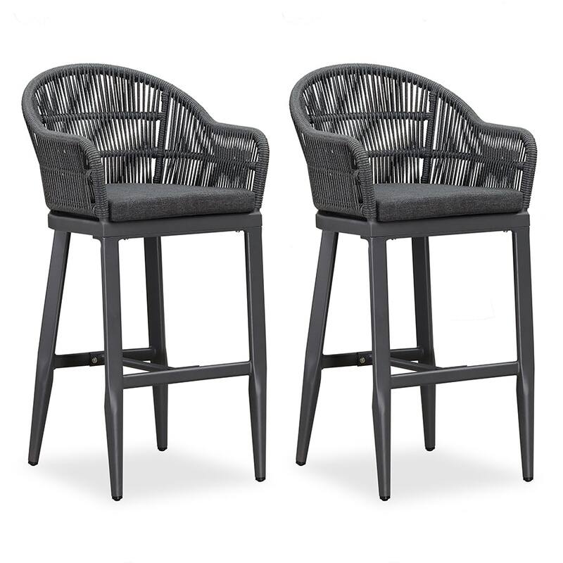 PURPLE LEAF Modern Rattan Bar Stools Set of 2 with Cushion and Back Counter Stools - Grey - Bar Height