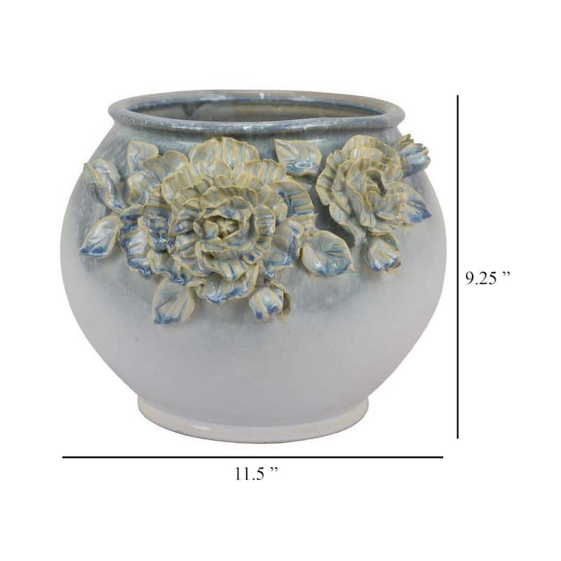 White Floral Ceramic Indoor Planter Pot for tabletops shelves entryway