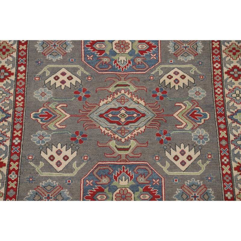 Gray Geometric Kazak Area Rug Hand-Knotted Oriental Wool Carpet - 4'11" x 6'6"