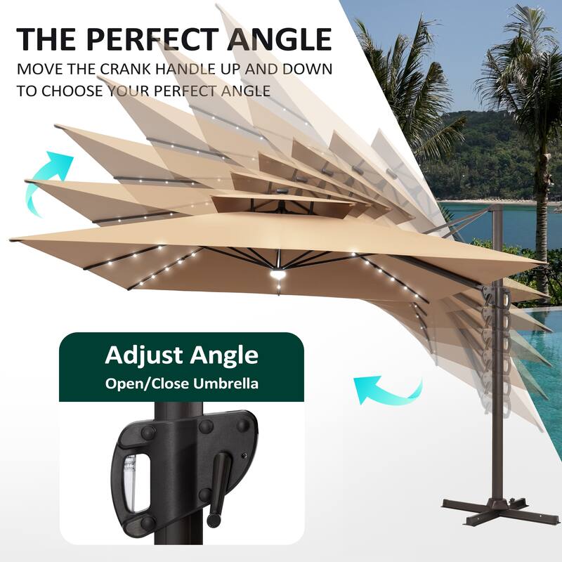 11 FT Square Outdoor Patio Cantilever Umbrella with Solar Lights Wheeled Base Double Canopy 360 Rotation Tilt