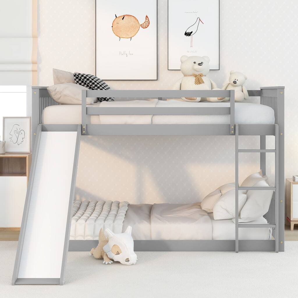 Full Over Full Bunk Bed with Slide, Wooden Bunkbeds Frame for Kids