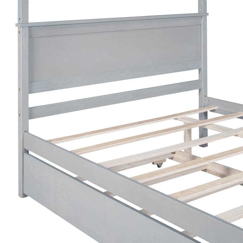 Full Size Canopy Platform Bed with Trundle, Solid Wood Frame, Support Slats Included