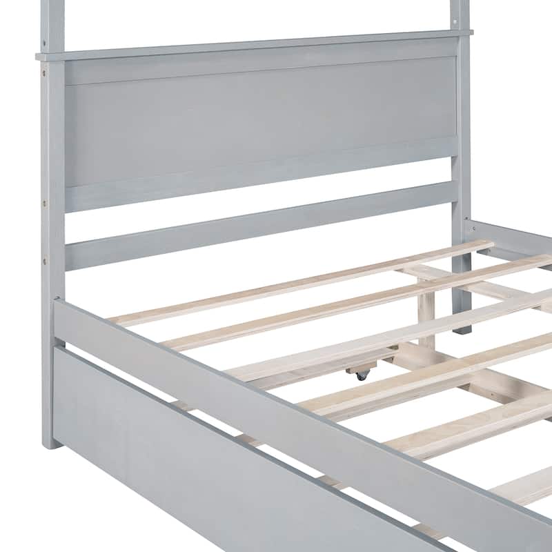 Wood Canopy Platform Bed with Trundle Bed