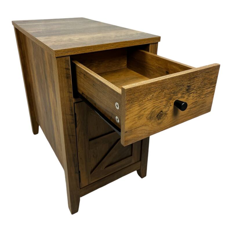 Farmhouse End Table with Charging Station,Night Stand with Barn Door and Drawer