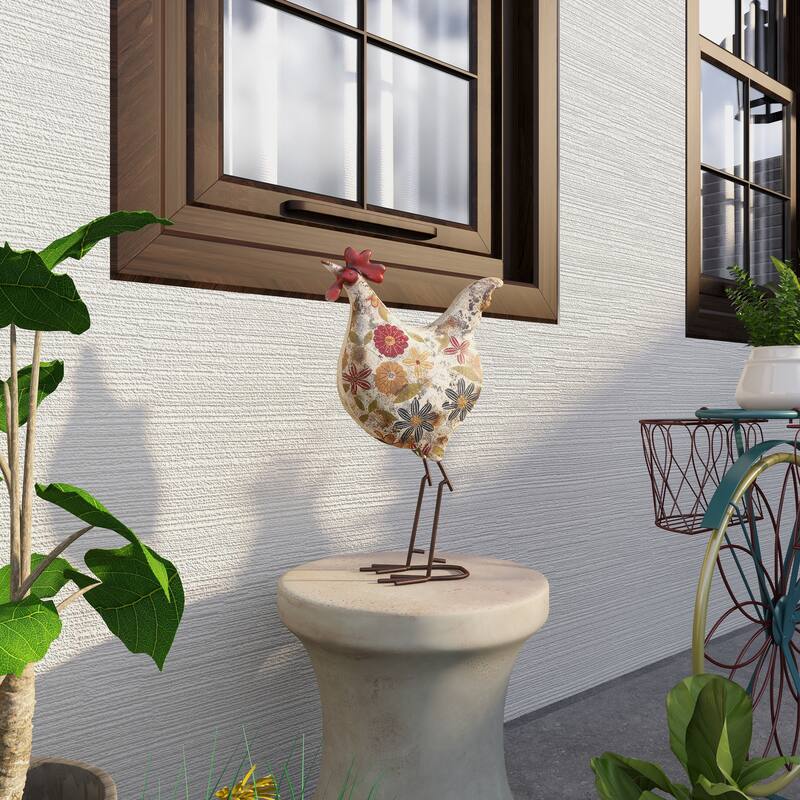 Green or Cream Metal Indoor Outdoor Distressed Standing Rooster Garden Sculpture with U Shaped Feet