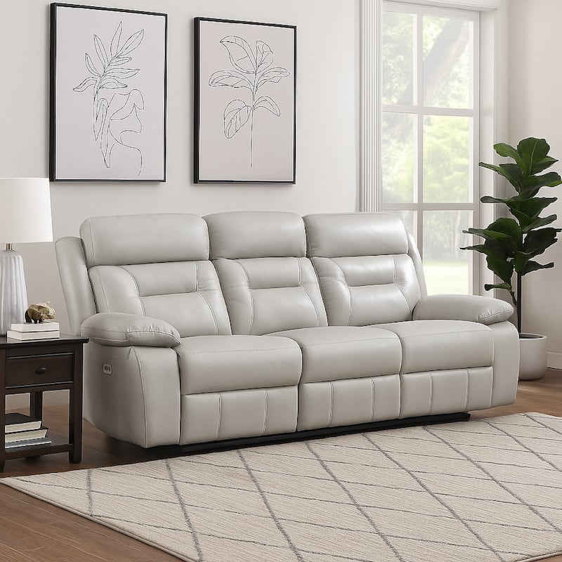 Conia Power Double Reclining Sofa, Light Silver Leather, USB, 87 Inch