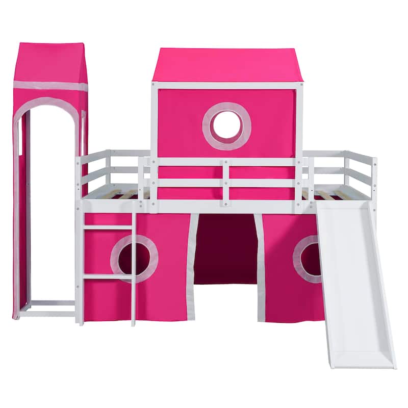Twin/Full Size Loft Bed with Slide,Solid Wood Playhouse Bed Frame with Tent and Tower Design