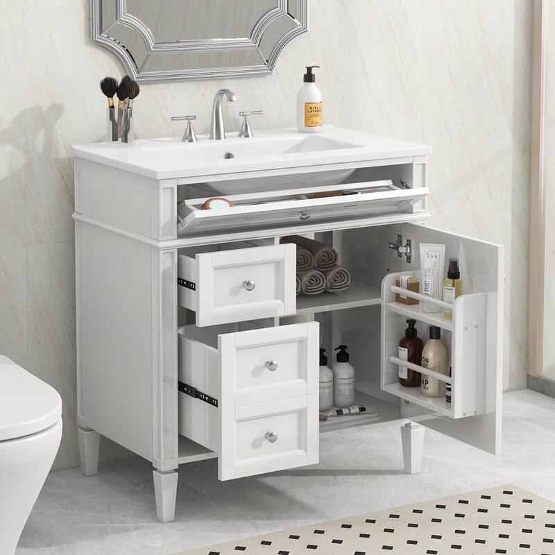 30" Bathroom Vanity Cabinet with Sink, Modern Freestanding Vanity with 2 Storage Drawers, Tip-out Drawer, and Adjustable Shelf