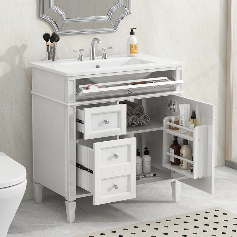GDFStudio - Halmore Modern Freestanding Bathroom Vanity with Resin Sink, 2 Storage Drawers and a Tip-Out Drawer - 30'W