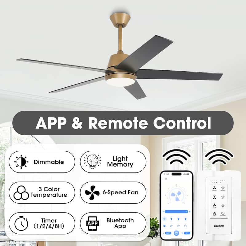 Vaczon 52" Gold Reversible Modern Smart LED Ceiling Fan with Light and App Comtrol