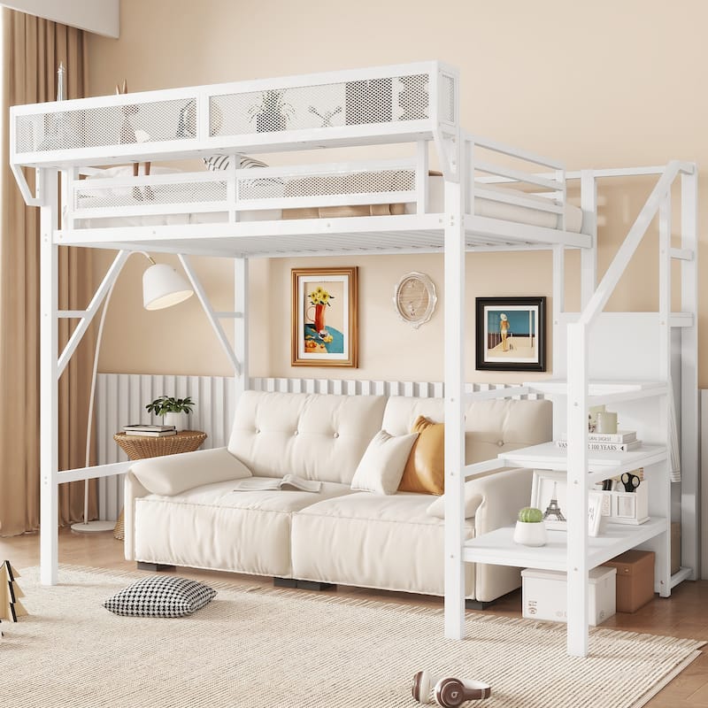 Metal Loft Bed with Wooden Stairs Built-in Storage Shelves and Wardrobe, High Loft Bed Frame with Side Grid Storage Rack - White - Twin