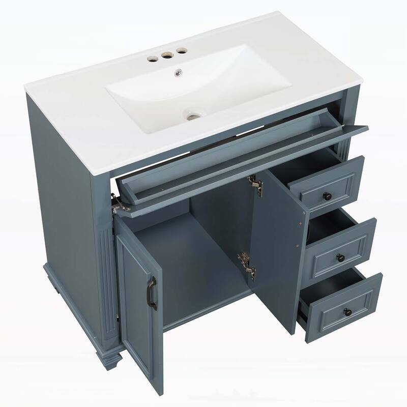 Freestanding Vanity Set with Flip-Out Drawer,3 Drawers,2 Soft-Close Doors