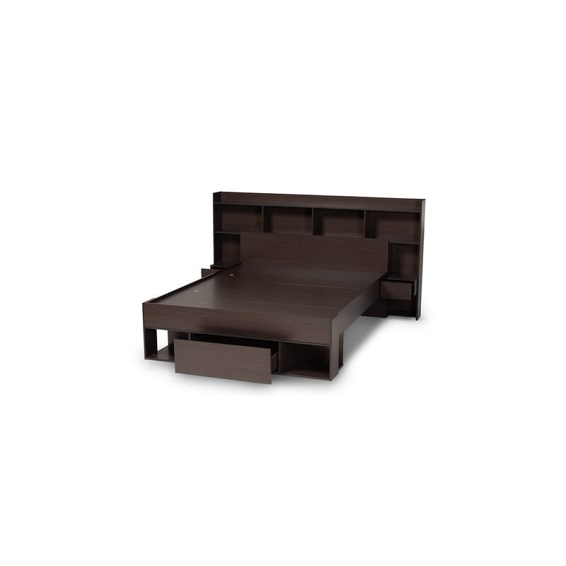 Farmhouse Storage Bed with Nightstands & Drawer - Modern Wood Platform Bed Frame, 89.9"L