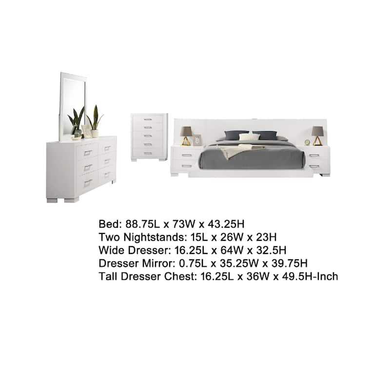 Bela 6 Piece Queen Bedroom Set, LED Lit Bedframe, Snow White Wood