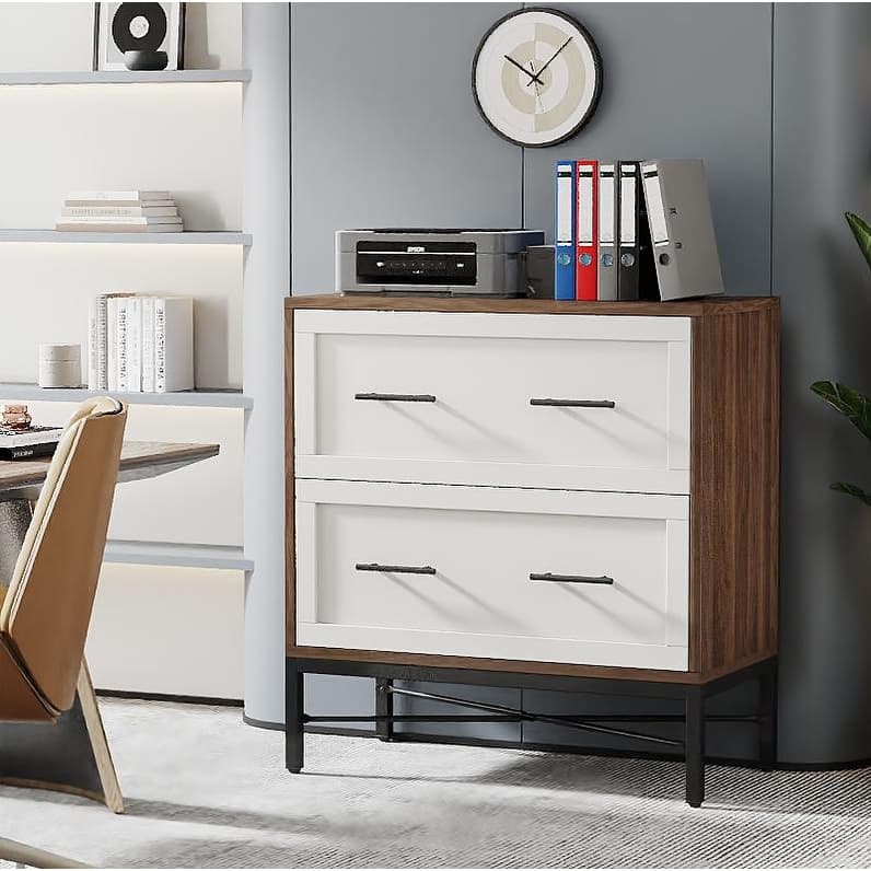 32 Inch File Cabinet, Modern 2 Drawer Lateral Filing Cabinet for Letter/Legal/A4 Size, for Home Office, White Gold