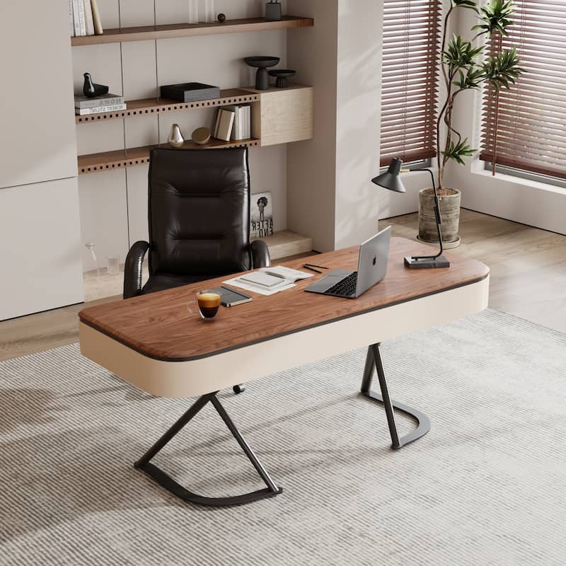 Modern 63'' Writing Desk, Brown Wood Desk,Drawers - Brown Wood