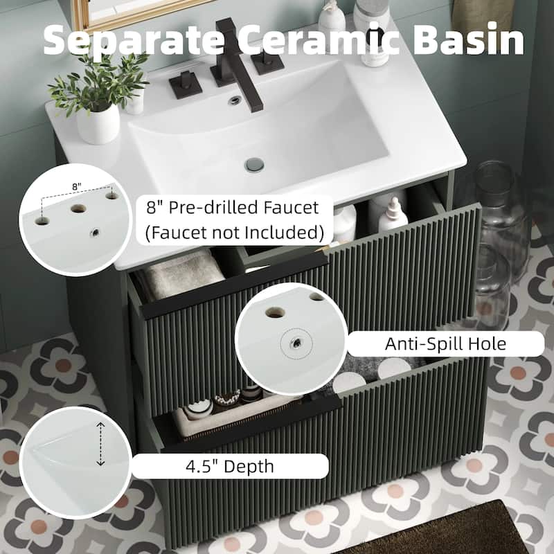 30" Bathroom Vanity with Ceramic Sink, Full-Extension Drawers, Soft-Close Undermount Slides, Fluted Design