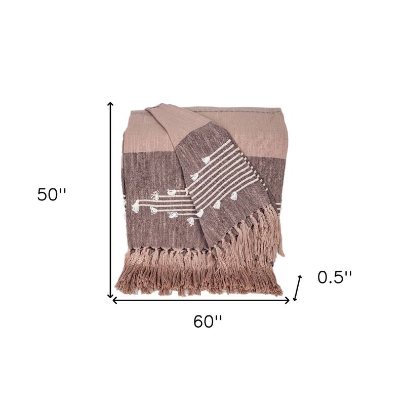 HomeRoots 50" X 60" Taupe and Gray Woven Cotton Striped Throw Blanket with Fringe