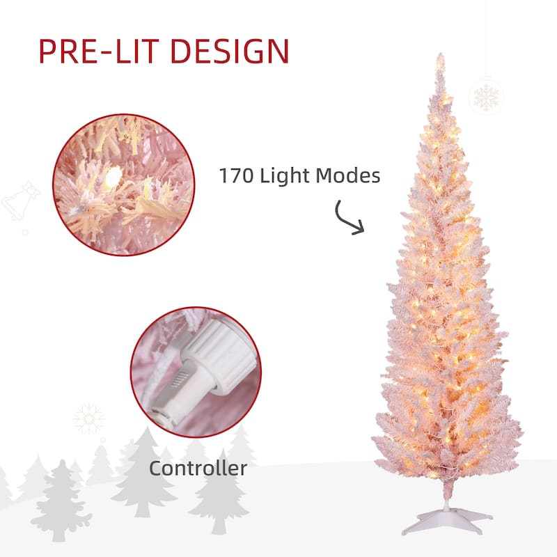 HOMCOM 6' Tall Pre-Lit Slim Noble Fir Artificial Christmas Tree with Realistic Branches, 170 Warm White LED Lights and 390 Tips