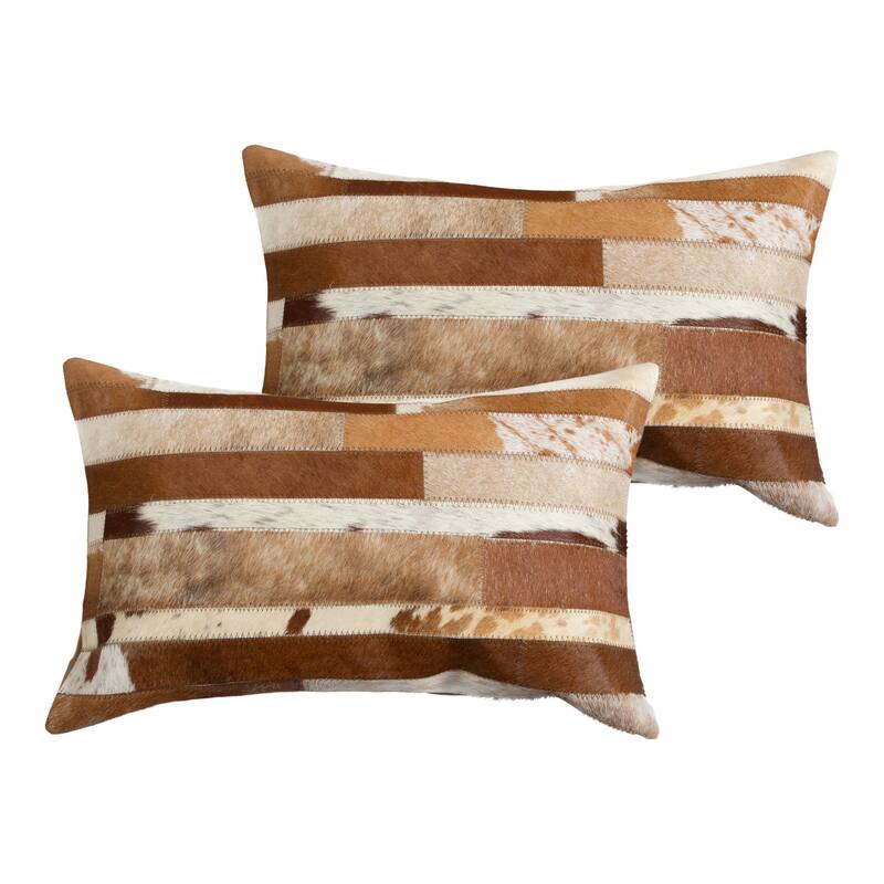 Set of Two 12" X 20" Brown and White Patchwork Cowhide Lumbar Throw Pillows