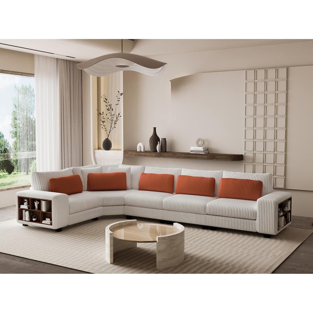 Beige 142'' L-Shaped 5 Seater Modular Sectional Sofa with Pillow, Wooden Armrests and Storage Shelves