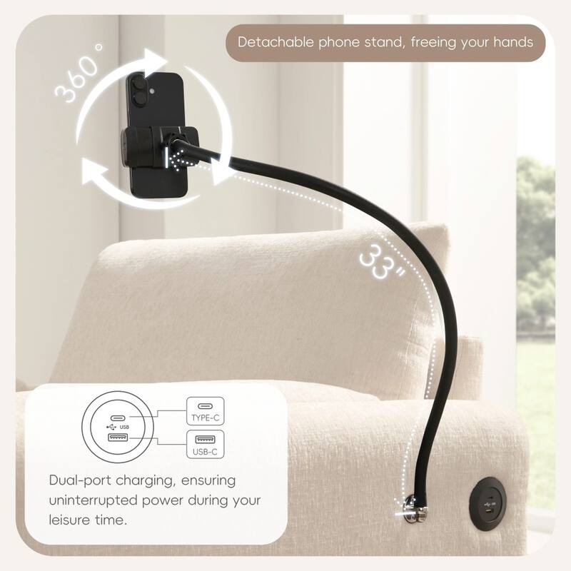 38" Chenille Single Sofa with Storage Ottoman, USB Charger, Side Storage Pockets, Pillow-like Armrests