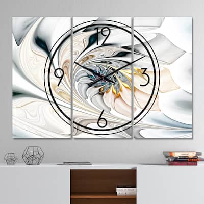 Designart 'White Stained Glass Floral Art' Modern 3 Panels Oversized Wall Clock - 36 in. wide x 28 in. high - 3 panels