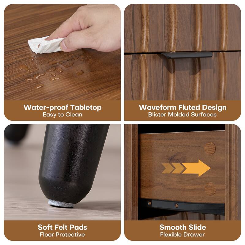 Mid-Century Modern Nightstand, Fluted End Table Drawer & Open Storage