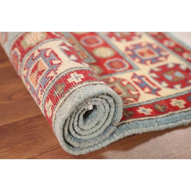 Light Blue Kazak Oriental Accent Rug Handmade Geometric Wool Carpet - 2'9" x 3'10"