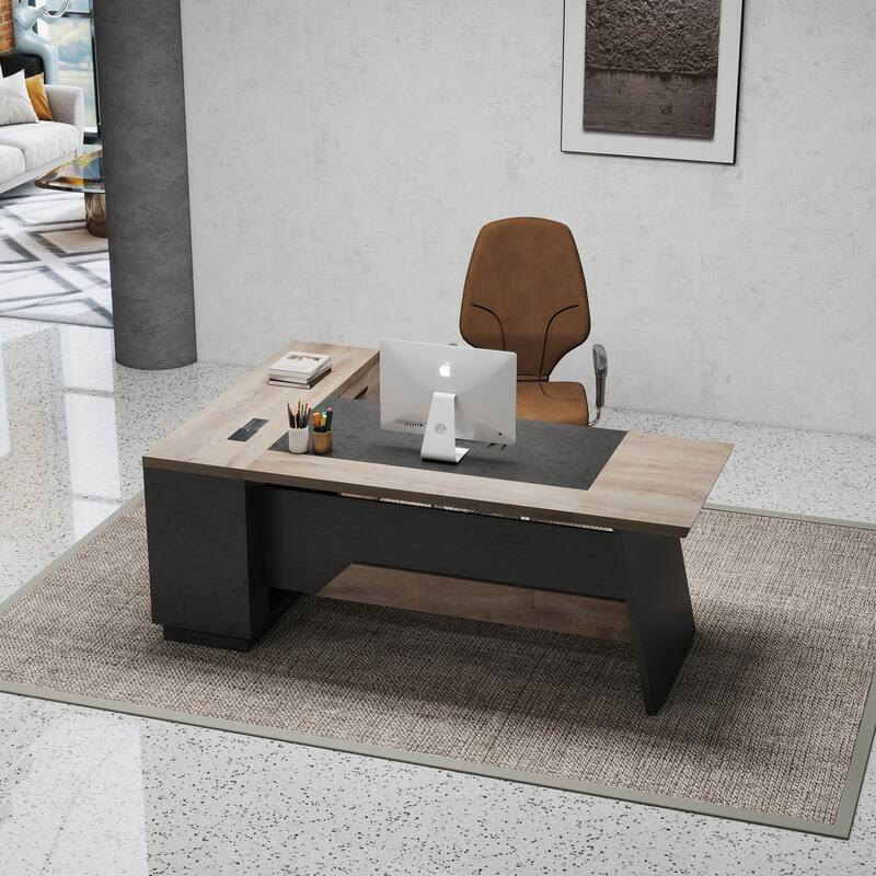 WESOME Black/Wood L-Shaped Executive Desk with Cabinet Built-In Outlet(LP002)
