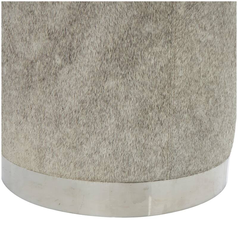 Gray Leather Patchwork Stool with Silver Metal Base