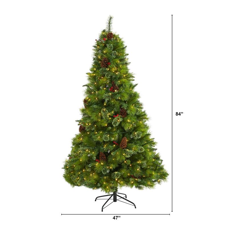 7ft. Mixed Pine Artificial Christmas Tree with Pine Cones, Berries and 500 Clear LED Lights - Full & Lush Holiday X-Mas Display