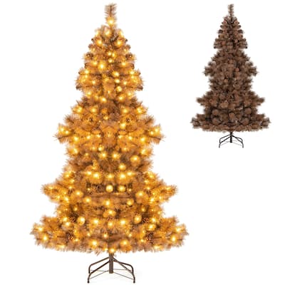 Gymax 6 FT Pre-Lit Artificial Christmas Tree Hinged Chocolate-Color