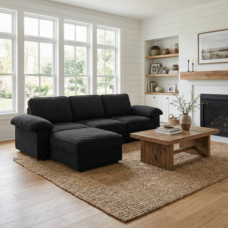 Upholstered L-Shaped Sectional Sofa Couch with Ottoman, Modern Fabric Deep Seat Sofa