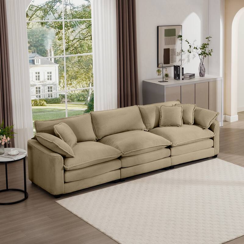 3-Seater Corduroy Fabric Sectional Sofa with Pillows and Removable Armrests for Livingroom