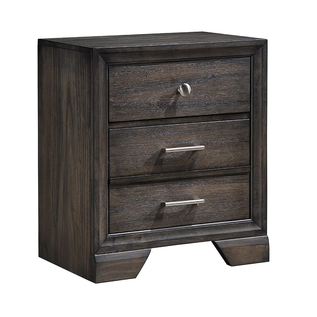 Jeni Nightstand, 3 Drawers, Chrome Metal Handles, Rustic Dark Gray